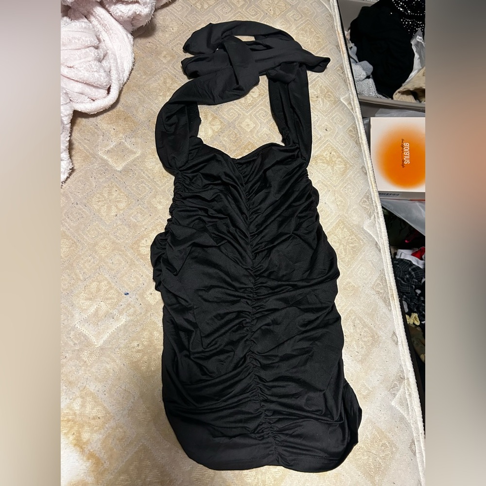 Fashion Nova Black Ruched Backless Dress